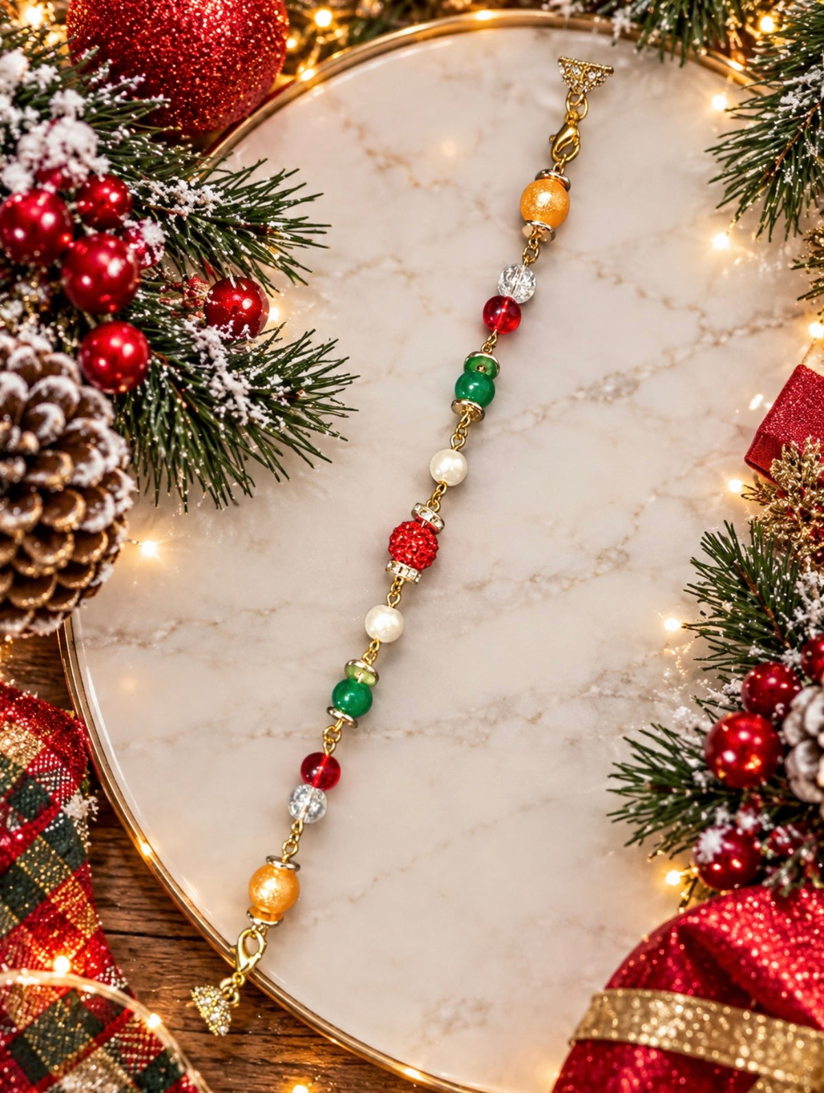 Christmas Candlelight handmade bracelet with festive beads and holiday accents