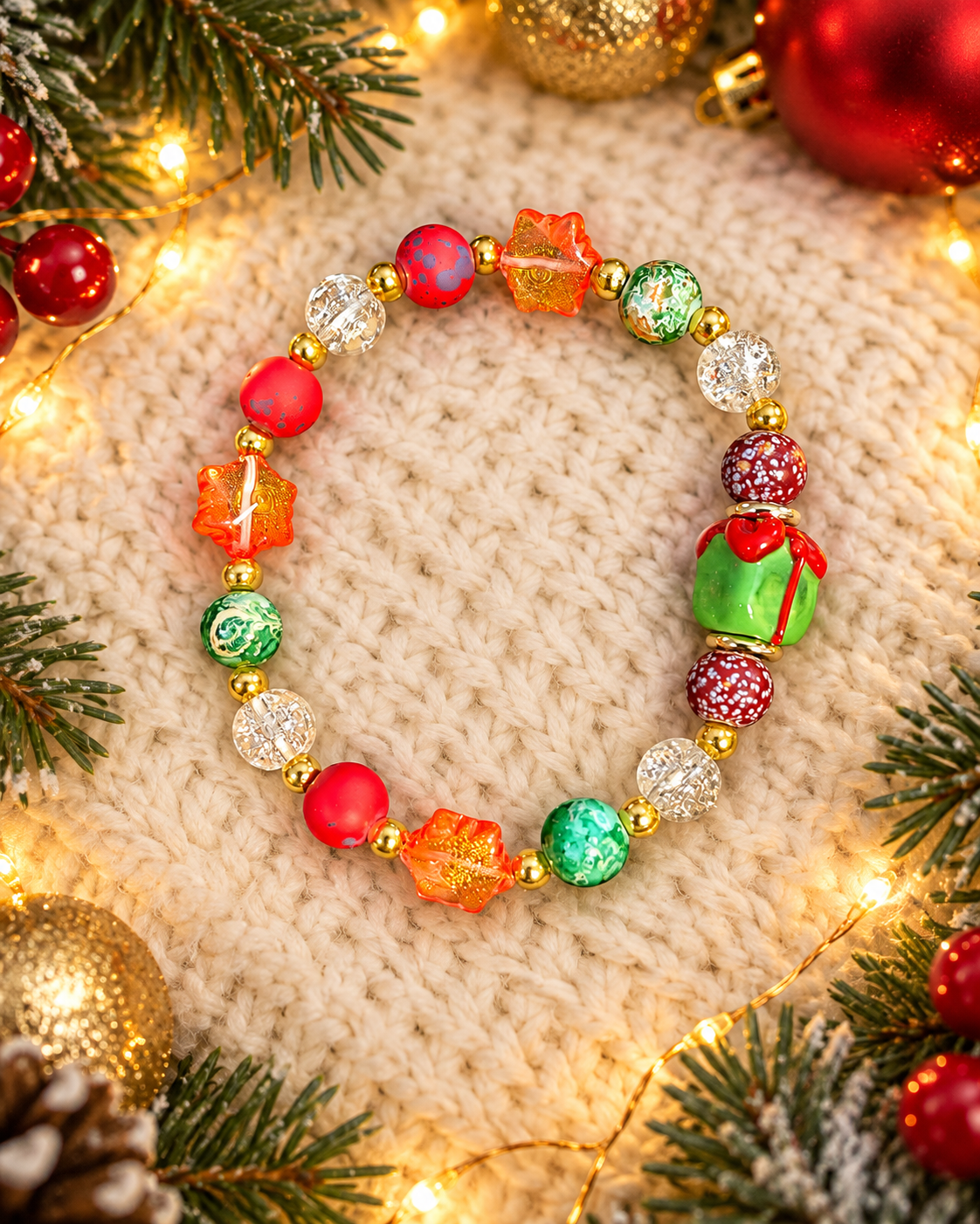 Christmas Magic handmade holiday bracelet with colorful festive beads