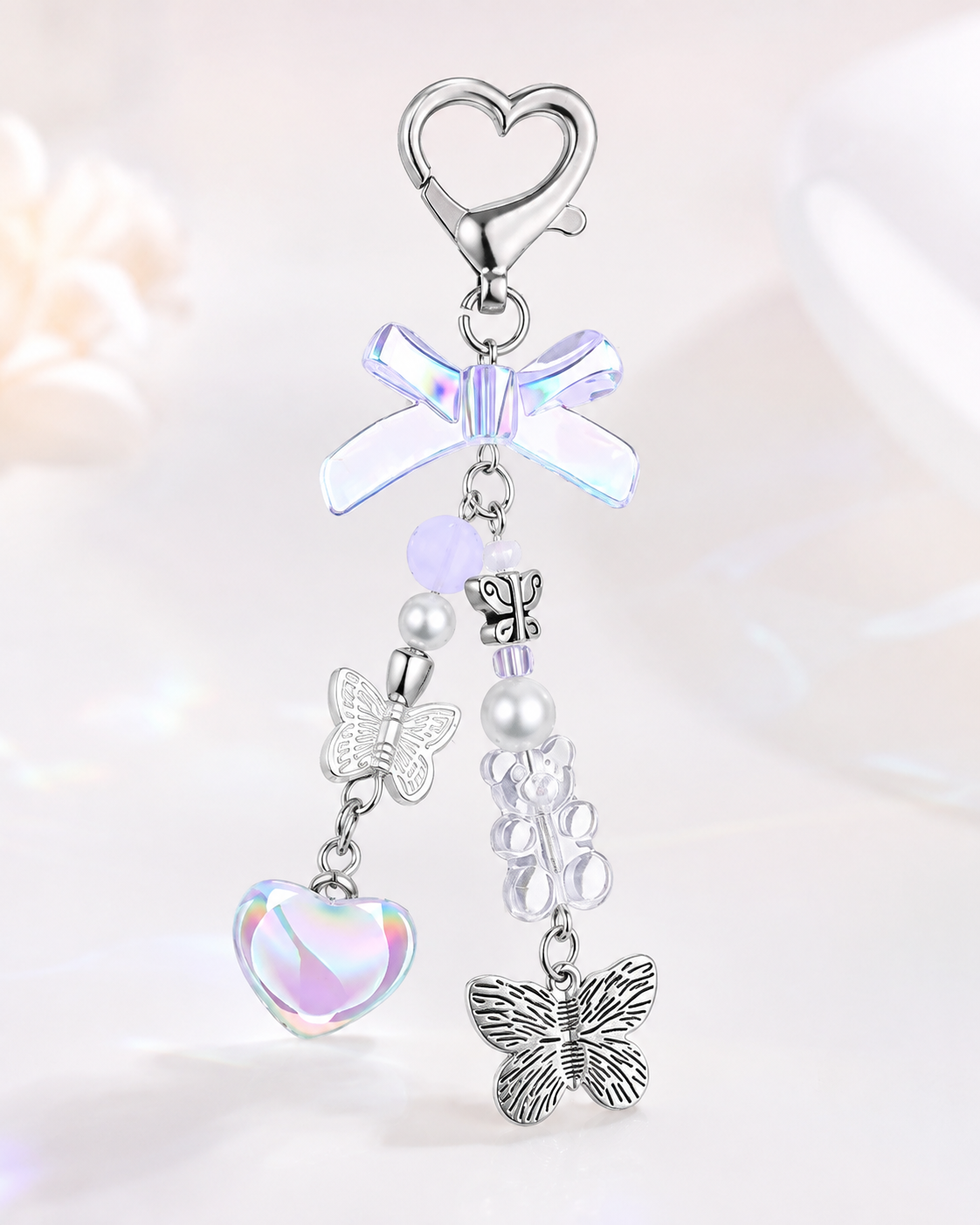 Iridescent Heart & Butterfly Charm Keychain