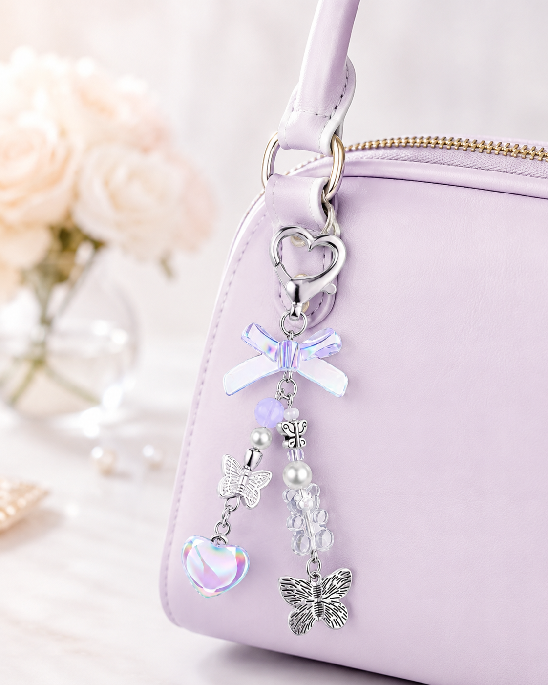 Iridescent Heart & Butterfly Charm Keychain
