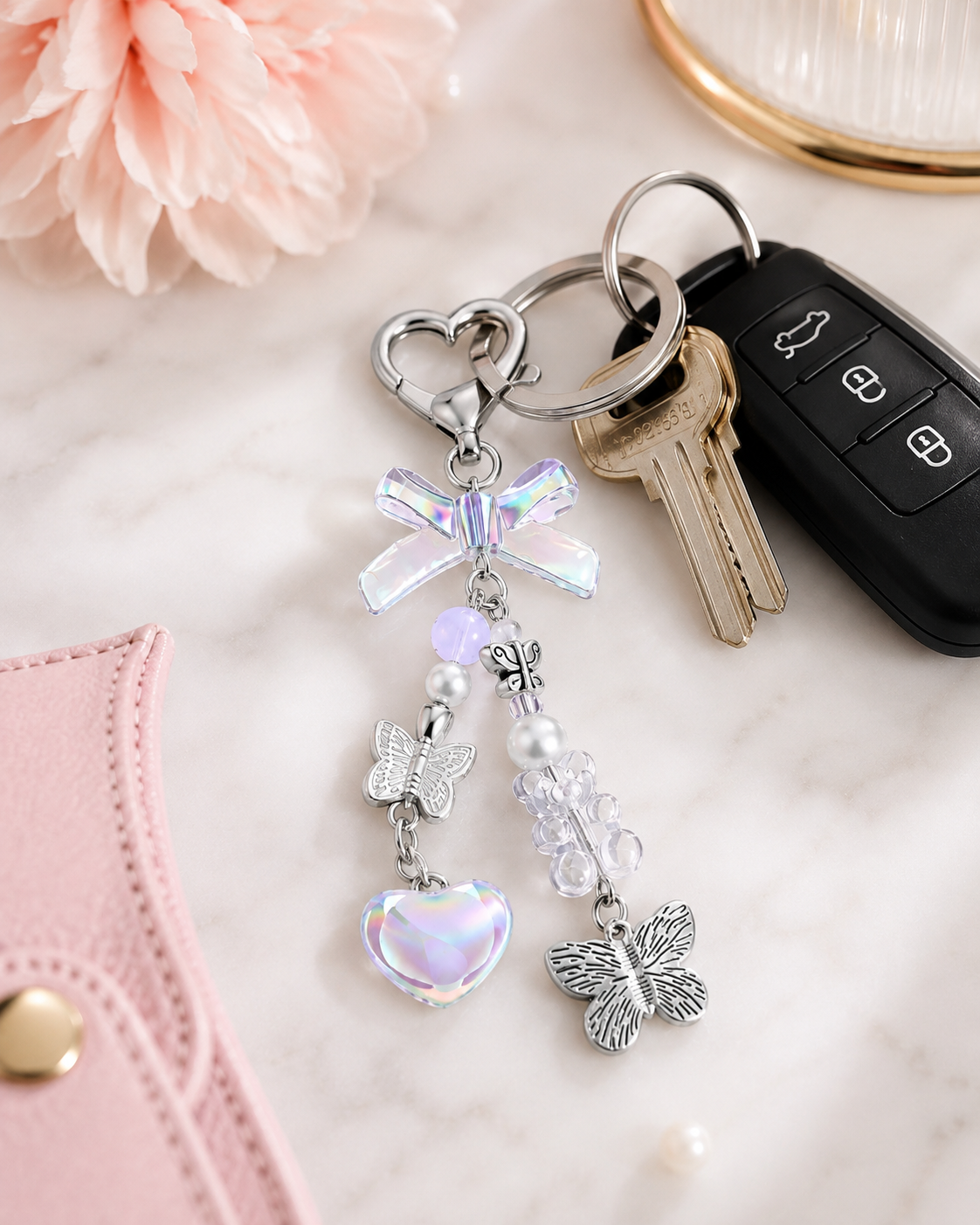 Iridescent Heart & Butterfly Charm Keychain