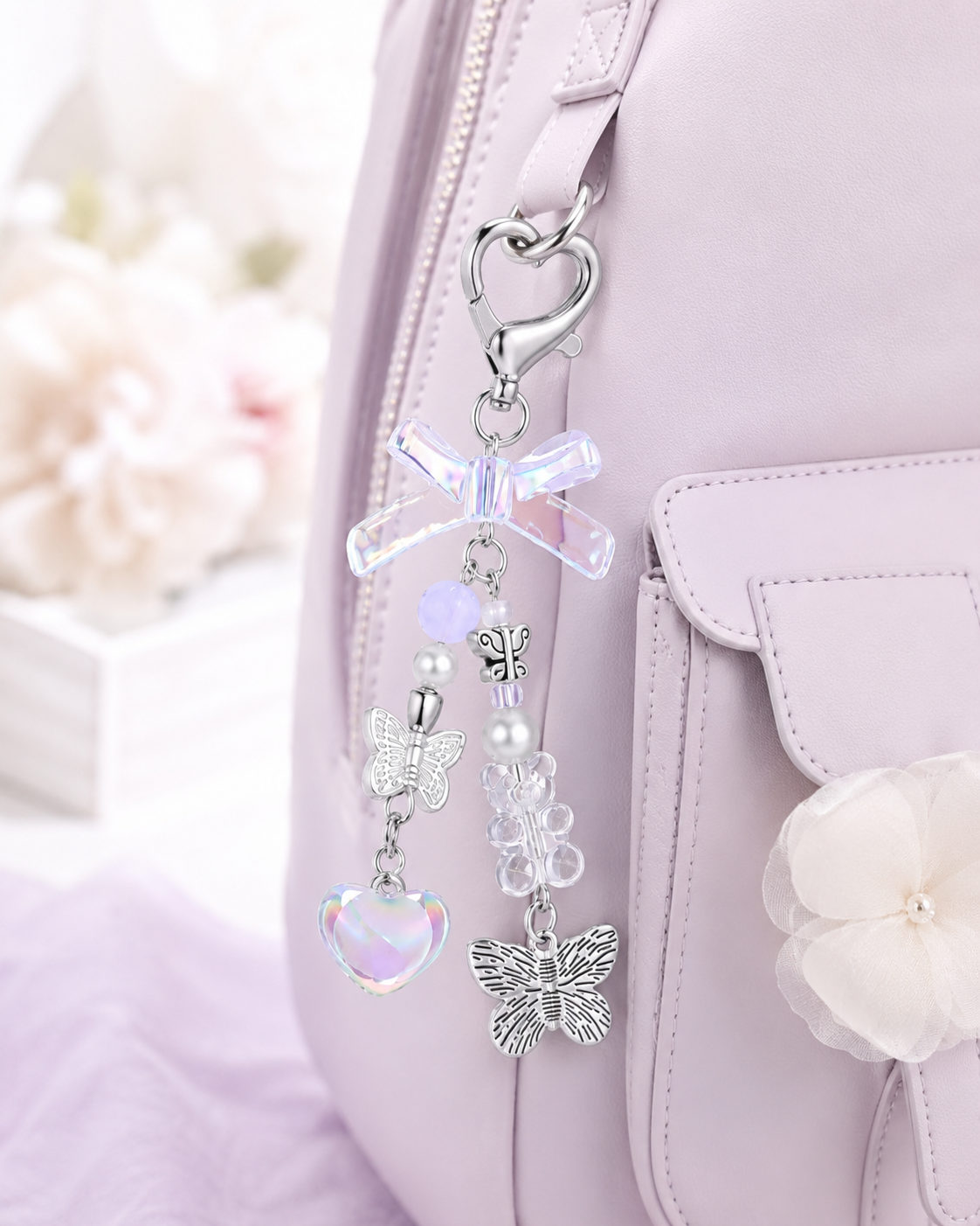 Iridescent Heart & Butterfly Charm Keychain