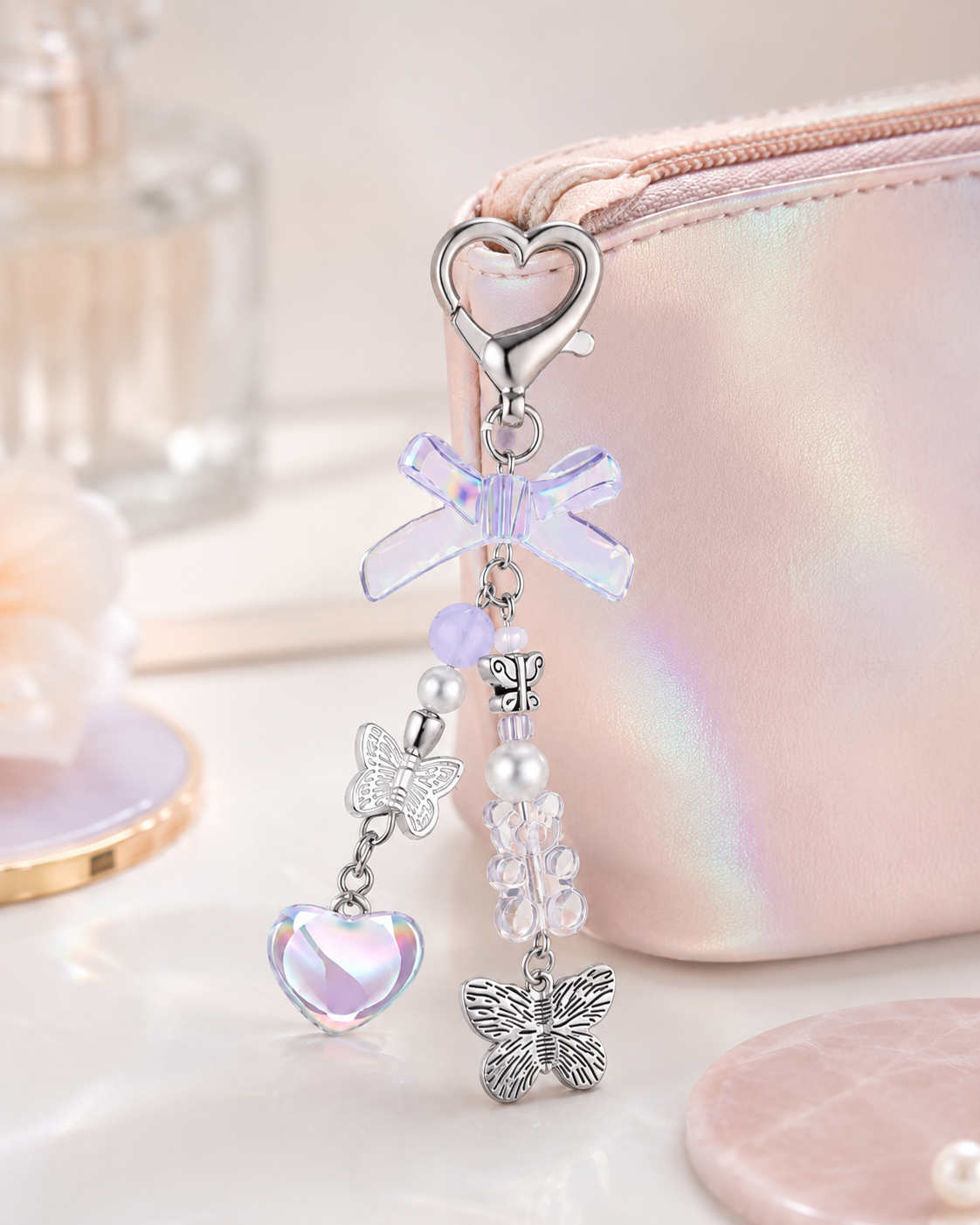 Iridescent Heart & Butterfly Charm Keychain