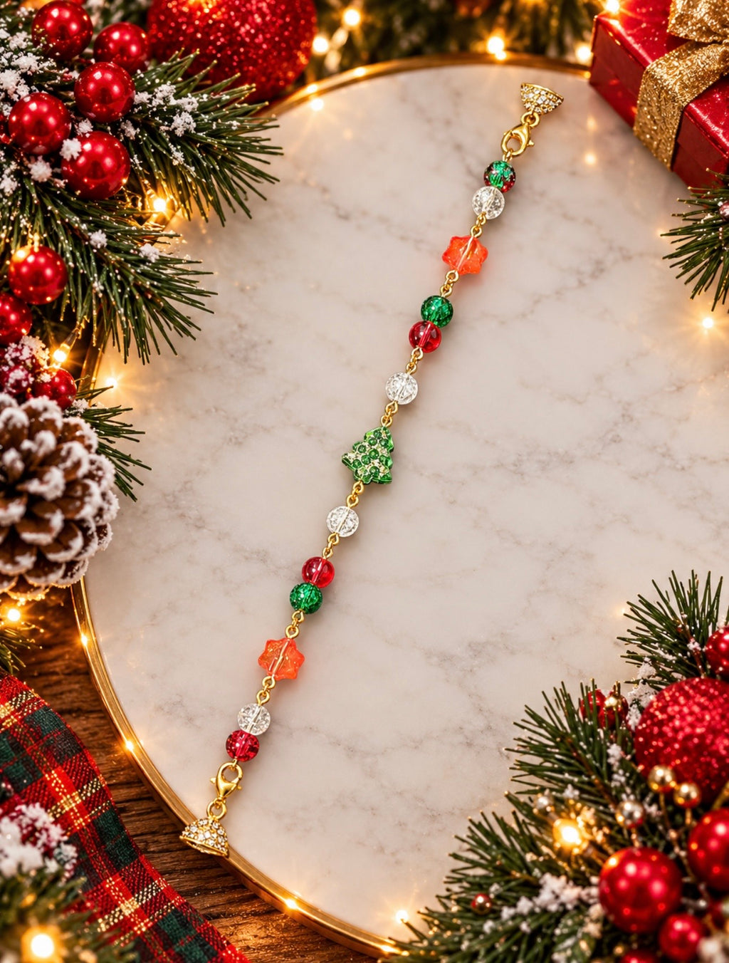 Evergreen Twinkle Christmas bracelet with green festive decorative beads