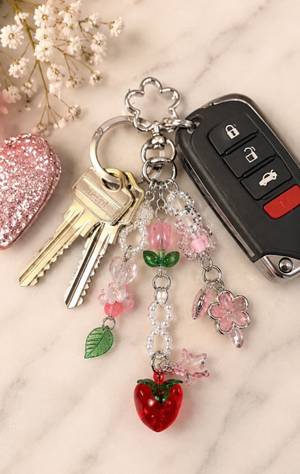 Strawberry Charm Keychain. 🍓🌸