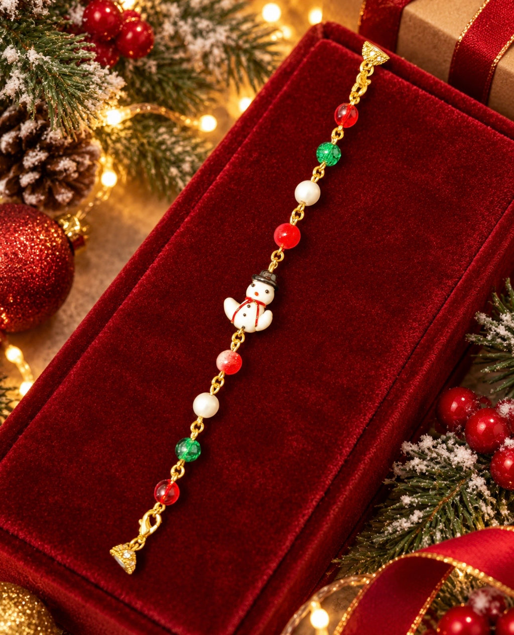 Merry Little Snowman Christmas bracelet with snowman charm and festive beads