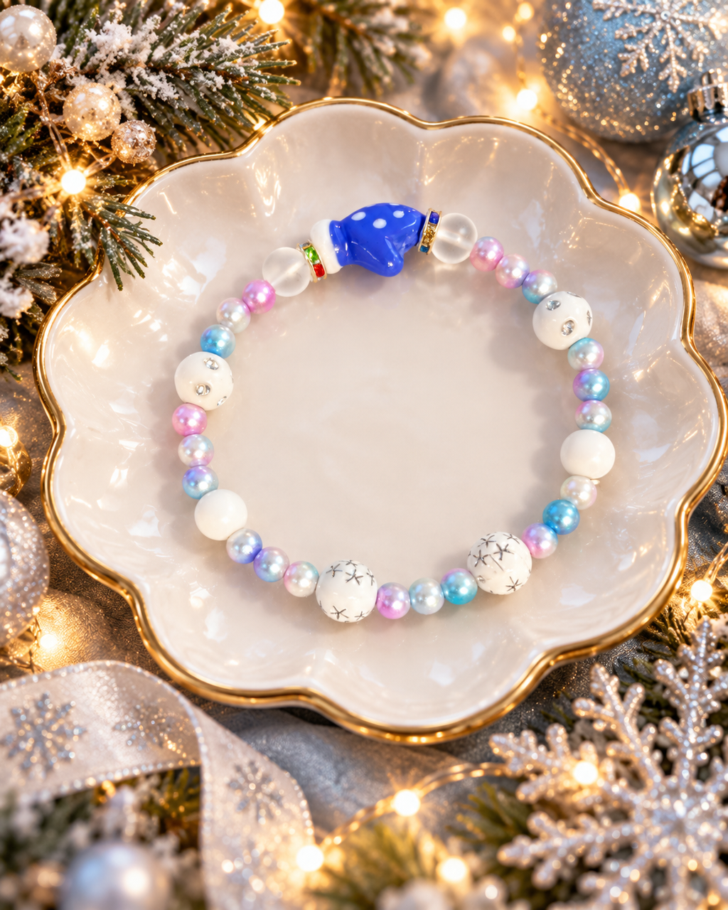 Snowfall and Shimmer handmade winter bracelet with icy holiday beads