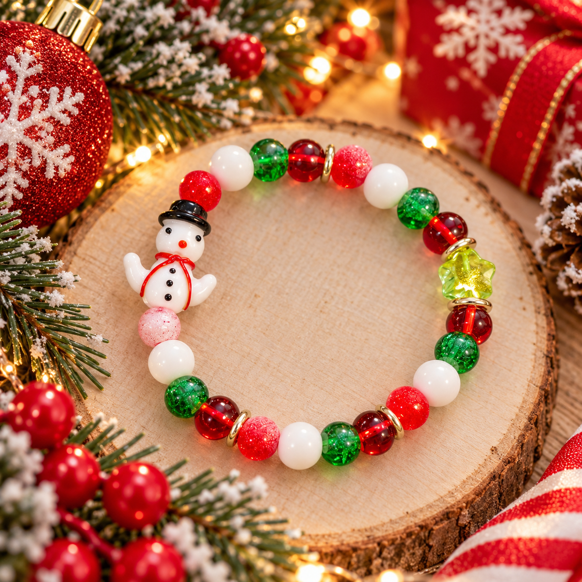 Snowman Wishes Christmas bracelet with snowman detail and festive beads
