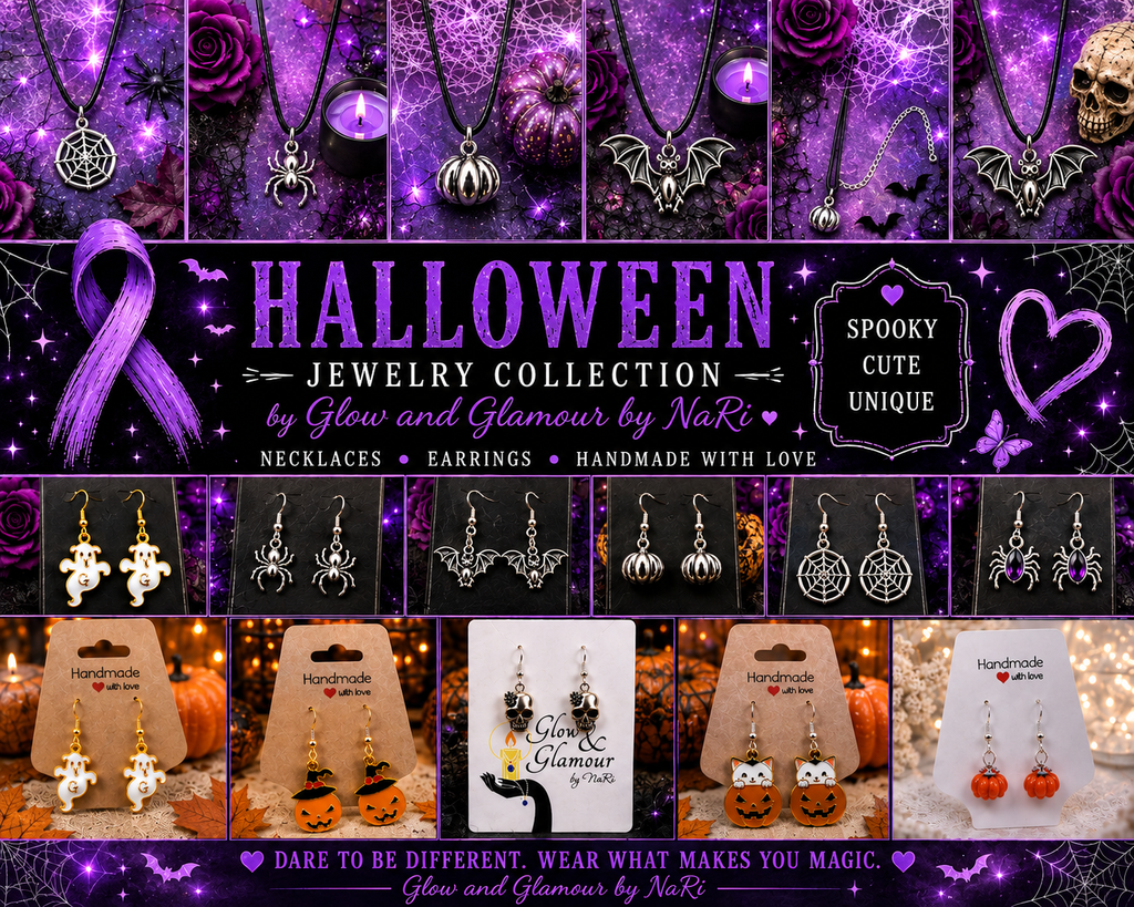 A promotional collage for a Halloween jewelry collection by Glow and Glamour by NaRi, featuring multiple silver-toned necklaces and earrings with spooky designs including bats, pumpkins, ghosts, spiders, and witch hats on purple and orange themed backgrounds. The center banner reads 'HALLOWEEN JEWELRY COLLECTION' with 'Spooky Cute Unique' on the right.