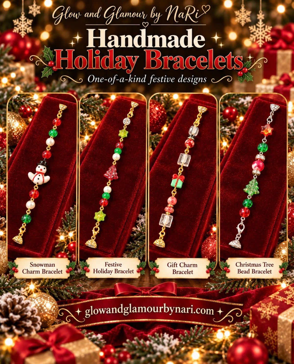 Collection of handmade Christmas bracelets with festive beads and holiday charms
